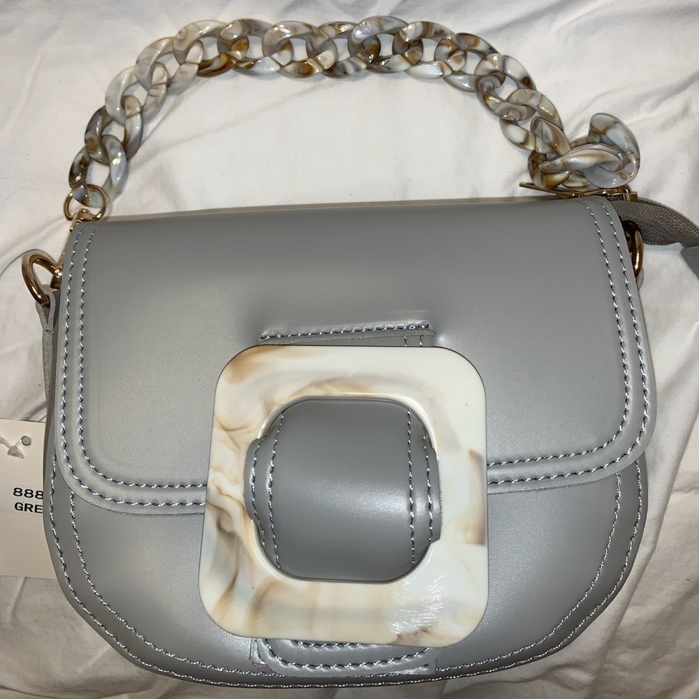 Mini Gray Handbag Pearl Tortoise - Shell Front Closure Faux Leather Purse